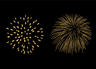 Fototapeta premium Fireworks set gold isolated. Beautiful golden fireworks on black background. Bright decoration Christmas card, Happy New Year celebration, anniversary, festival. Flat design Vector illustration