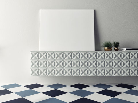 Close up horizontal poster on chest drawers, 3d illustration