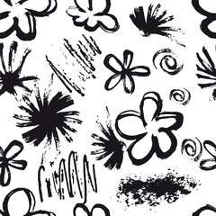 Seamless pattern with hand drawn abstract ink texture with doodle flower. Black and white endless vector background. mark making