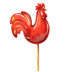 Red sweet cock, cockerel, lollipop on stick, isolated, watercolor illustration © lnsdes
