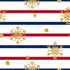 Christmas gold snowflake seamless pattern. Golden glitter snowflakes on blue, red, white lines background. Winter snow design wallpaper. Symbol holiday, New Year celebration Vector illustration