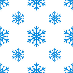 Snowflake simple seamless pattern. Blue snow on white background. Abstract wallpaper, wrapping decoration. Symbol of winter, Merry Christmas holiday, Happy New Year celebration Vector illustration