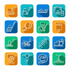 Equipment for working with concrete, contour icons, colored. Vector, the linear image of construction equipment. White figures on a colored background with a shadow. 