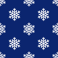 Fototapeta na wymiar Snowflake simple seamless pattern. White snow on blue background. Abstract wallpaper, wrapping decoration. Symbol of winter, Merry Christmas holiday, Happy New Year celebration Vector illustration