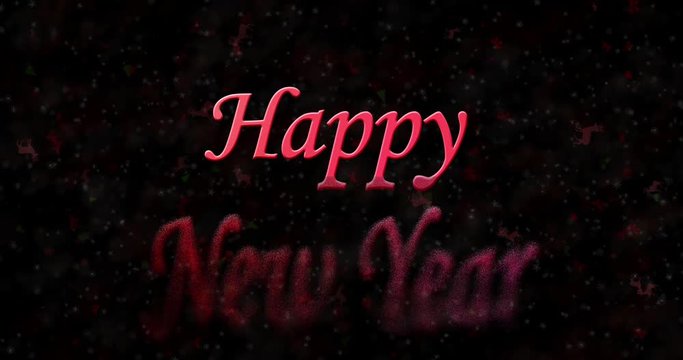 Happy New Year text formed from dust and turns to dust horizontally on black animated background
