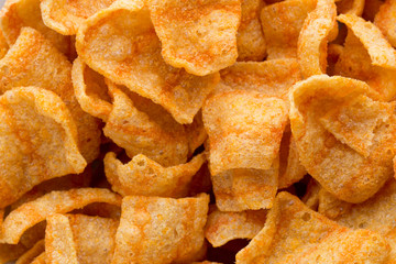Delicious potato chips closeup becon meat.