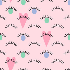 Abstract pattern with open and winking eyes with hearts on pink background. Cute eyelashes background illustration. Fashion design for textile, wallpaper, fabric etc.