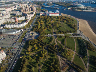 Angle view to the park near the beach, photo from the drone