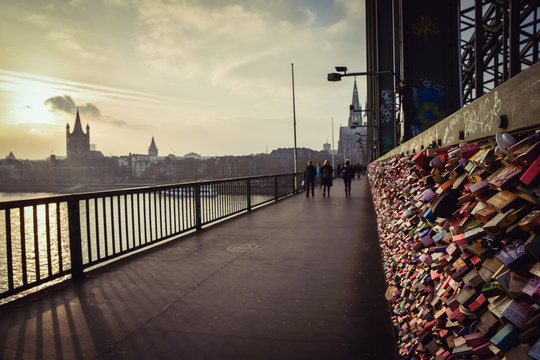 Love lock on a bridge in european city Cologne / Koln, Germany