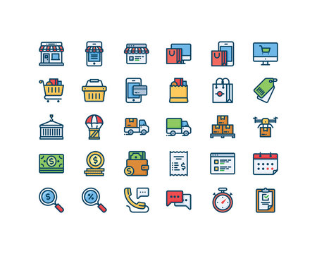 Shop and Delivery filled outline icon set