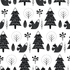 Squirrel in forest seamless pattern. Black and white scandinavian style nature illustration. Cute winter forest with animal design for textile, wallpaper, fabric.