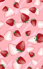 Seamless pattern with whole strawberries and half