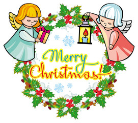 Round holiday label with angels and greeting text 