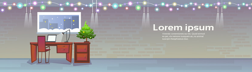 Empty Workplace Decorated New Year Celebration Desk Workspace Office Interior No People Flat Vector Illustration