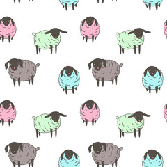 Cute small sheep illustration - seamless pattern, kawaii style farm animals sketch. Hand drawn minimalistic ink drawing with group of baby lamb.