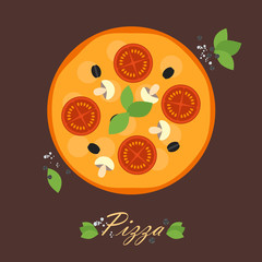 Pizza with cheese, tomatoes, mushrooms, olives and basil. Flat vector image.