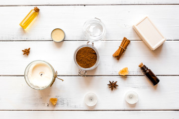 cosmetics for spa on wooden background top view