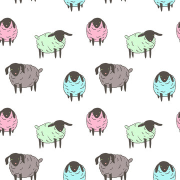 Cute small sheep illustration - seamless pattern, kawaii style farm animals sketch. Hand drawn minimalistic ink drawing with group of baby lamb.