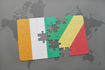 puzzle with the national flag of cote divoire and republic of the congo on a world map
