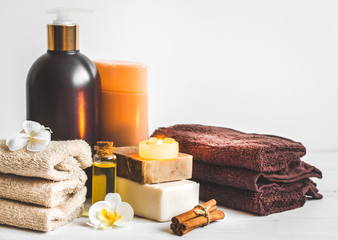 Preparation for spa treatments on white background