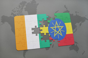 puzzle with the national flag of cote divoire and ethiopia on a world map