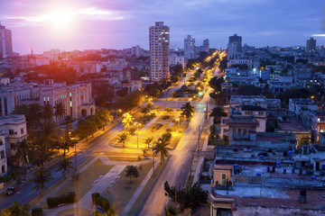Fototapeta na wymiar Cuba. Night Havana. The top view on the avenue Presidents...
