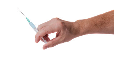 Hand with syringe on white background.