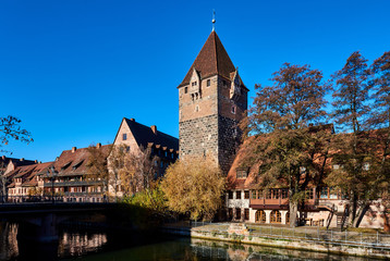 Ancient architecture and The Pegnitz river in Nuremberg, Germany