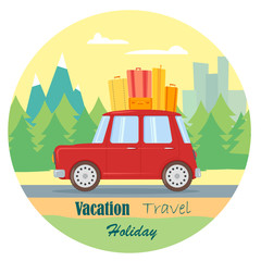 Flat vector illustration with car and baggage. Vacation, holiday, travel concept