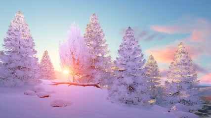 Calm winter landscape with snow covered fir tree forest at scenic sunset or sunrise. 3D illustration.