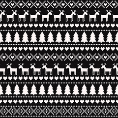 Christmas seamless pattern on black background. Scandinavian sweater style. Cute Christmas background - Xmas trees, deers, hearts and snowflakes. Design for textile, wallpaper, web, fabric, decor etc.