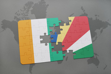 puzzle with the national flag of cote divoire and seychelles on a world map