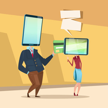 Woman And Man Cell Smart Phone Head Online Banking Payment Flat Vector Illustration