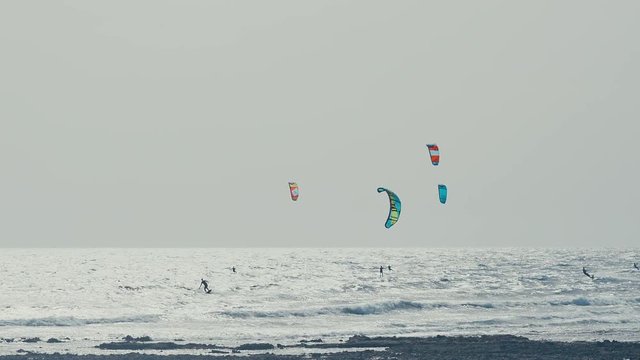 Kite Surfing in Atlantic Ocean, Extreme summer sport. Canary Islands.