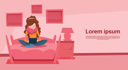 Girl In Bed Room Chat Digital Device Laptop Social Network Communication Flat Vector Illustration