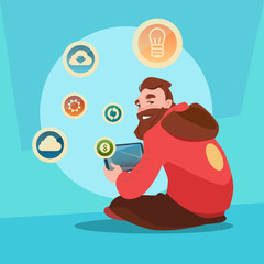 Man Using Tablet Computer Send Message Internet Texting Chat Communication Flat Vector Illustration
