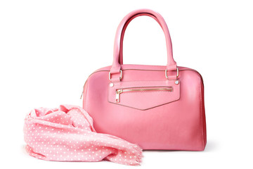 Stylish women's accessories. Beautiful set of women's handbag and scarf on a white background....