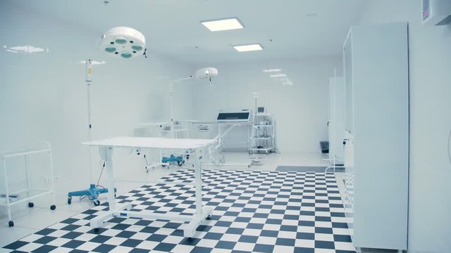 A sterile office in a laboratory or hospital. Examination room in the veterinary hospital. Vet clinic. Cabinet to inspect pets. Empty medical room in the veterinary hospital.