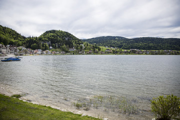 Fototapeta na wymiar View on Joux lake -lac de Joux and the Jura mountains, Le Pont, Switzerland