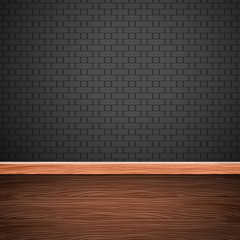 Empty wooden table and brick wall . Vector background .