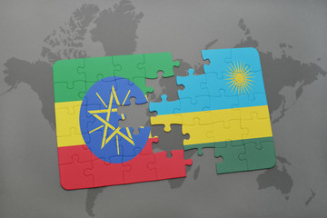 puzzle with the national flag of ethiopia and rwanda on a world map