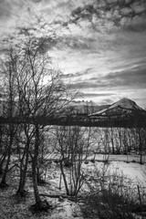 Norwegian landscape with snowy mountains in the winter, Nordland, Norway