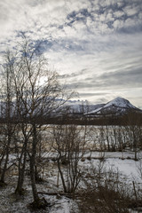 Norwegian landscape with snowy mountains in the winter, Nordland, Norway