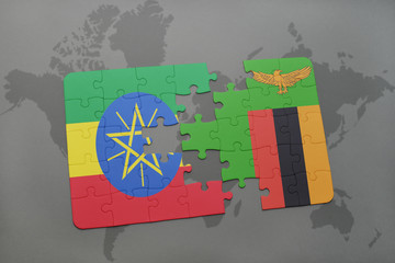 puzzle with the national flag of ethiopia and zambia on a world map