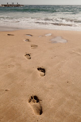 Footprints in the sand, at the beach, Cova do Vapor, Portugal