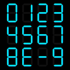 Calculator digital numbers, with shadow, blue isolated on black background, vector illustration.