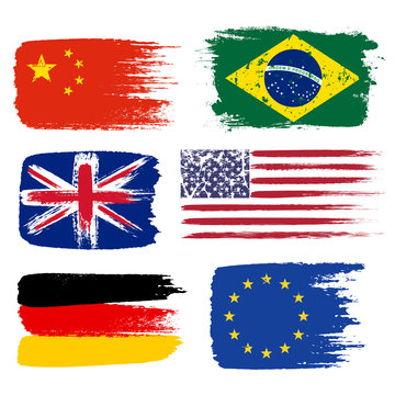 Collection of popular world flags, brush strokes painted flags, isolated on white background, vector illustration.