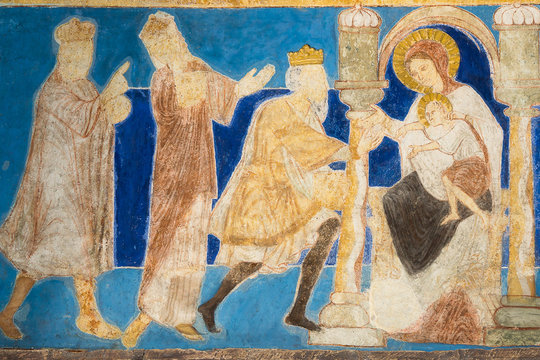 The three wise men carry out their gifts to the baby Jesus, romanesque fresco