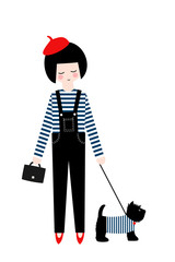 Cute fashion girl with scottish terrier on white background. Vector illustration of girl with dog. Fashion design for poster, card etc. - 129731147