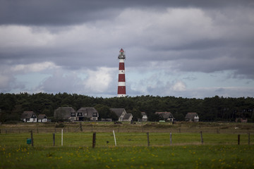 view of the Ameland Lighthouse, known as Bornrif, is a lighthouse on the Dutch island Ameland, one of the Frisian Islands, on the edge of the North Sea, The Netherlands